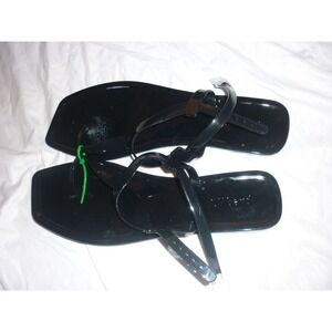 NEW OMGard Black Jelly Thong Sandals Square Toe Flat with Ankle Strap Women